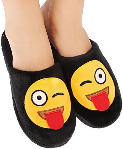 Unisex Warm Winter Slippers Emoji Cute Cartoon Soft Plush Fluffy Stuffed Indoor Household Home Bedroom Shoes Anti-slip Memory Foam Casual Slip-on Footwear (Label Size M= US7-US8.5, Naughty)