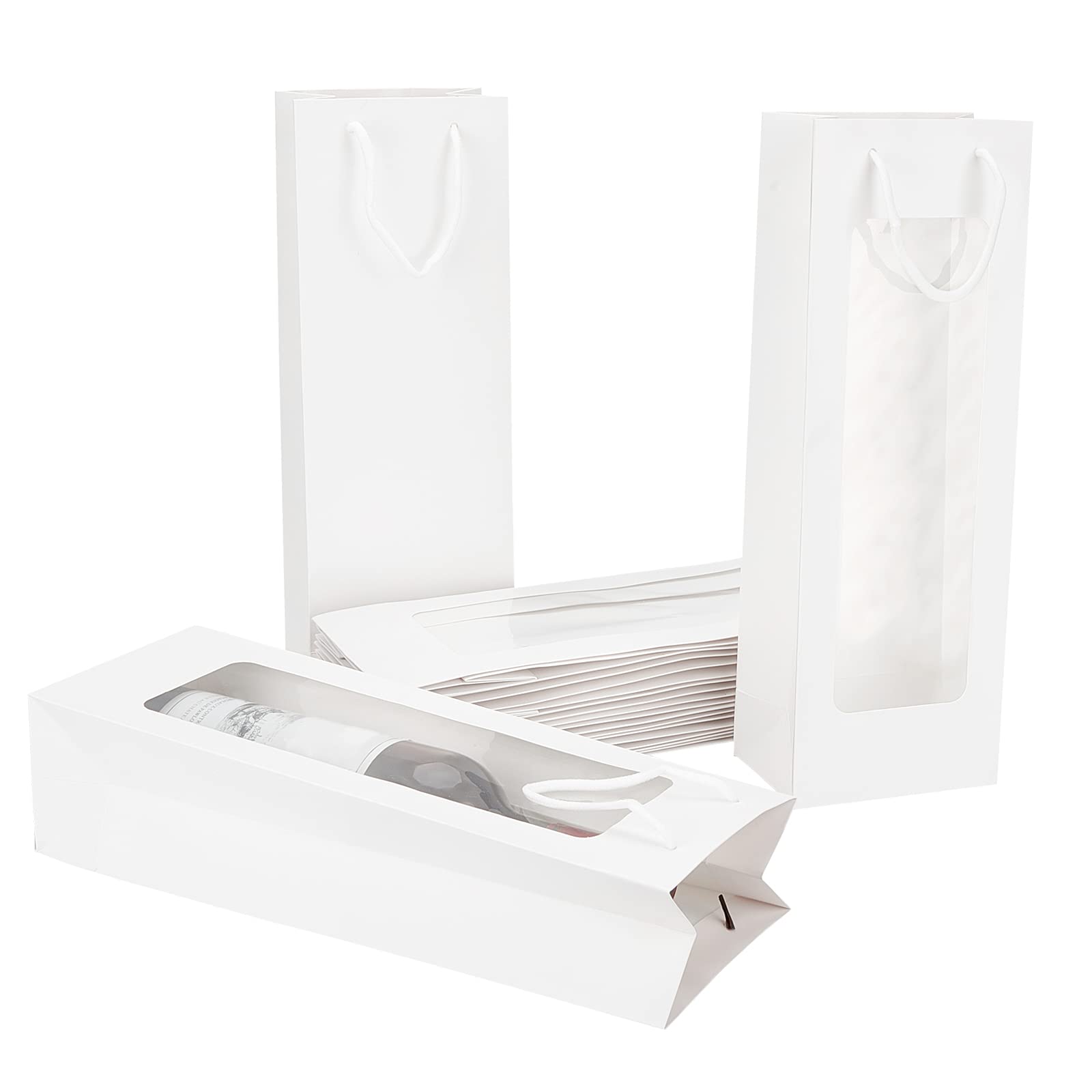 PH PandaHall 12pcs Wine Gift Bags with Clear Window, White Paper Wine Bags with Handles Solid Champagne Bags for Wedding Valentine Christmas Wine Bottles Gift Packing, 36x12.5x8.5cm