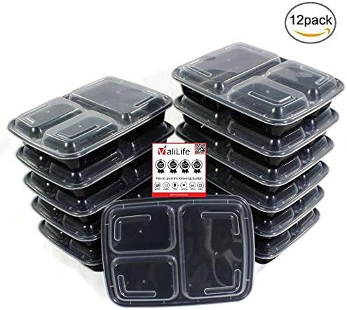 Valilife 12-Pack 3 Compartment Bento Lunch Boxes with Lids - Stackable, Reusable, Microwave, Dishwasher &amp; Freezer Safe - Meal Prep, Portion Control &amp; Food Storage Containers (33oz)