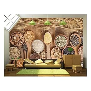 Cereal Grains, Seeds, Beans on Wooden Background. - Removable Wall Mural | Self-Adhesive Large Wallpaper - 66x96 inches