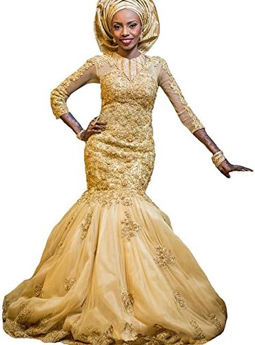 LEJY Women's Long Sleeve Musilim Mermaid Wedding Dress Lace Appliques Beaded Wedding Dress for Bride Gold 16 ..