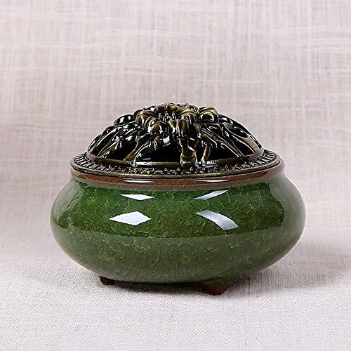 YZGS Ceramic Incense Burner &amp; Incense Holder with Brass China Celadon Porcelain Decoration Charcoal Censer Ceramic Ash Catcher Tray Bowl (GREEN)