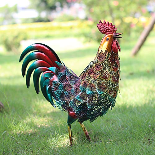 Kircust Garden Solar Metal Rooster Statue Lights Yard Art Decor, Outdoor Standing Chicken Sculpture LED Light Patio Lawn Walkway Backyard and Home Decoration, Multicolor, 16.74-Inch