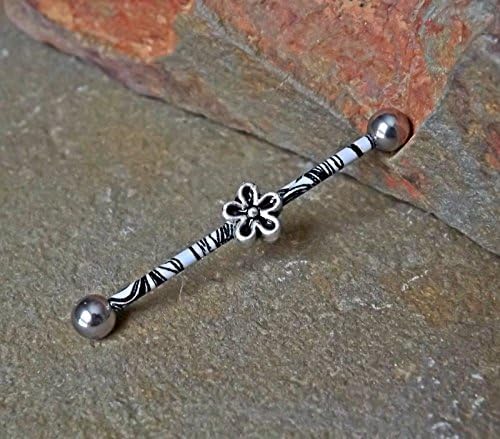 Flower Silver Imprinted Industrial Barbell 14ga Body Jewelry Ear Jewelry Double Piercing
