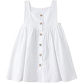USKIDKK Toddler Girl Cotton Linen Summer Dress Suspender Sleeveless Button Beach Girls Sundress
