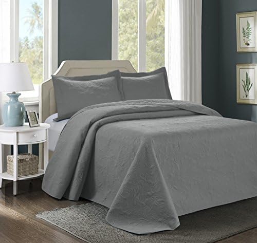 3 Piece MIKANOS Ultrasonic Embossed Bedspread Set-Oversized Coverlet 100x106in, 118x106in (King, Gray)