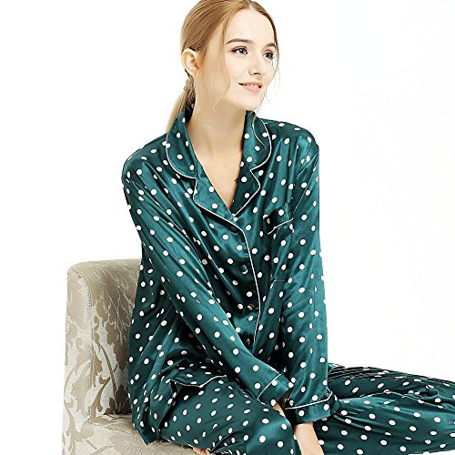 Womens silk satin pajamas set sleepwear loungewear gree…