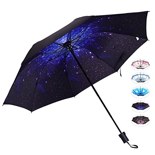 J&B Umbrellas Compact Travel Umbrella for Women Vinyl Anti-UV Long Stick Lightweight Starry and Blossom Parasol for Sun and Rain Gift Choice Starry …