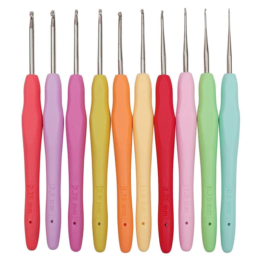 Set of 10 Small Size Crochet Hook Set Lace Crochet Hooks Ergonomic Handle Crochet Hook Needles with Soft Grip Handle for DIY Craft Project(Size 0.5mm to 2.75mm)