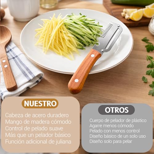 Pelador Multifuncional de Verduras 2026 Upgrade con Mango de Madera, Cuchillo Pelador de Acero Inoxidable 3 en 1, Rallador de Cebolla y Abridor de Botellas, para Cocina, Camping y BBQ (2pcs)