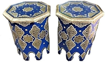 A Pair of Moroccan Handmade Silver Metal Inlaid Octagon-styled Side Tables