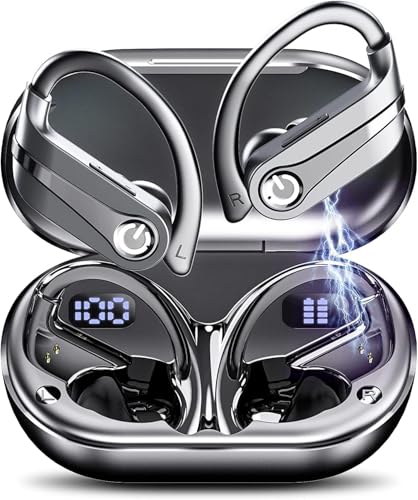 Fones de ouvido sem fio, Bluetooth 5.3, estéreo de alta fidelidade, tela LED, chamadas nítidas com microfone, cancelamento de ruído, controle por toque, IP7 à prova d'água, esportivo (preto)