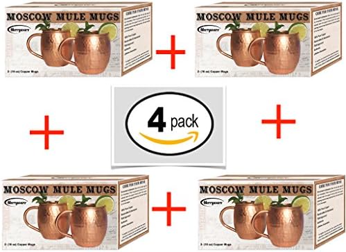 4 Pack Bundle - Set of 2 Authentic 16 oz Un lined Moscow Mule 100 % Pure Solid Copper, Handcrafted Hammered Barrel Mugs,, Perfect Gift, Ayurveda, Guarantee, Recipes. Premium Presentation.