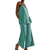 codcm Womens 2 Piece Outfits Cotton Linen Set Spaghetti Strap Cami Top and Wide Leg Pants Matching Sets
