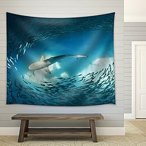 Shark and Small Fishes in Ocean - Nature Background - Fabric Wall Tapestry Home Decor - 51x60 inches