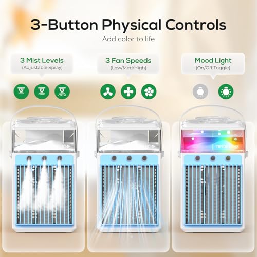 Portable Air Conditioners, 4-IN-1 Evaporative Air Cooler with App Control, 800ml Water Tank, Rechargeable Mini Air Conditioner, 3 Speeds & 3 Mist, Colorful Night Light Cooling Fan (White)
