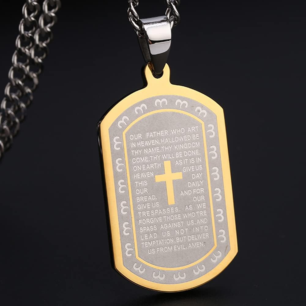 Bible Prayer Dog Tag, gift For Men Boys, 316l Stainless Steel Cross Lord’s Prayer Pendant With Chain, Catholic Jewelry Inspirational Necklace, Religious Bible Scripture Dog Tag | 