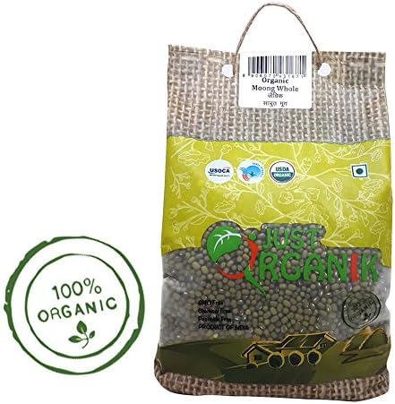 Just Organik Moong Whole (Green Gram) 2 lbs (908 gm), 100% Organic, GMO Free, Chemical Free, Pesticide Free, USDA Certified