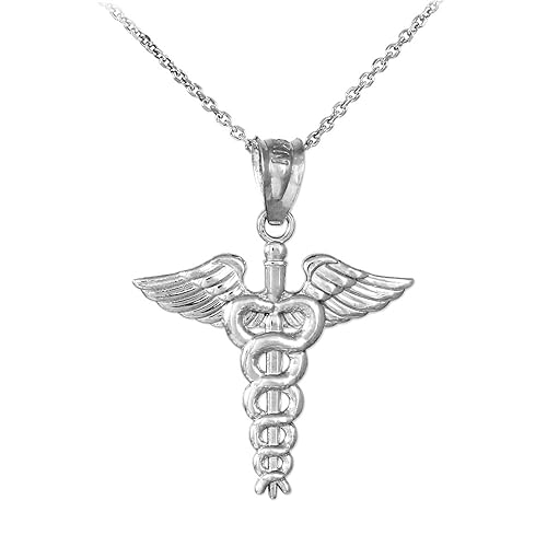 American Heroes 14k White Gold Caduceus Charm Pendant Necklace