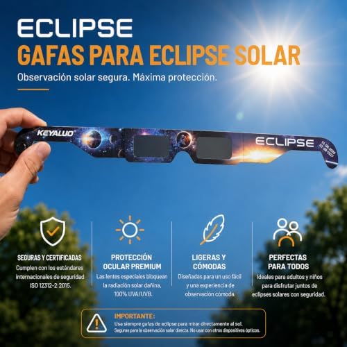 Gafas Eclipse Solar Homologadas,Paquete de 6,Certificado EN ISO 12312-2:2015(E) y CE,Aprobación AAS 2026,Gafas eclipse solar para visión directa del sol
