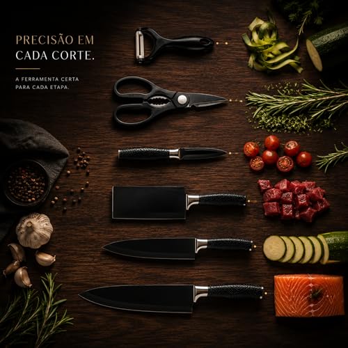 Kit Facas de Cozinha 6 Peças em Aço Inox com Tesoura | Ideal para carnes, legumes, frutas e preparos do dia a dia