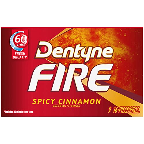 DENTYNE FIRE SPICY CINNAMON SUGAR-FREE CHEWING GUM, PACK OF 9 (144 TOTAL PIECES)