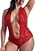Womens Halter Lingerie Lace Teddy Bodysuit Nightwear Deep V Lace Babydoll Underwear Plus Size (XXL,Red)