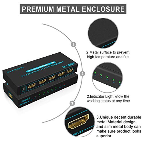 SGEYR 4K60Hz 5x1 HDMI Switch HDMI Selector Switch 5 Port HDR IR Remote
