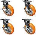 4 Pack - 8" x 2" Non-Marking Orange Tread Polyurethane Casters - 4 Swivel with Brakes - Heavy Duty Casters