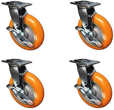 4 Pack - 8" x 2" Non-Marking Orange Tread Polyurethane Casters - 4 Swivel with Brakes - Heavy Duty Casters