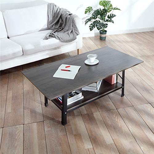 Coffee Table - CrazyLynX 46" Industrial Cocktail End Table with Storage Shelf, Solid Side Sofa Table, Wood Desktop and Metal Frame for Living Room (Retro Color) (A)