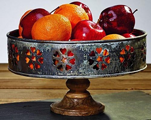 Punched Metal Pedestal with Wood Base - for Candles, Gift Basket, Food, Fruit, Wine - Burgundy, Flowers, Storage, Tabletop Decor