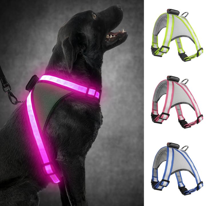 Visinite LED Dog Harness with Light, Rechargeable Glowing Dog Vest, 2 Lighting Modes, Adjustable Illuminated Harness for Safe Night Walks
