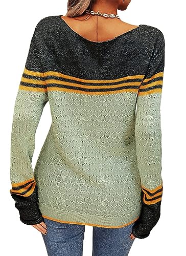 Tankaneo Women's Knitted Sweater Long Sleeve Round Neck Striped Slim Fit Knitwear
