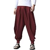 COOFANDY Men Hippie Harem Pants Baggy Linen Cotton Boho Yoga Pants Summer Beach Pants Casual Drop Crotch Trouser