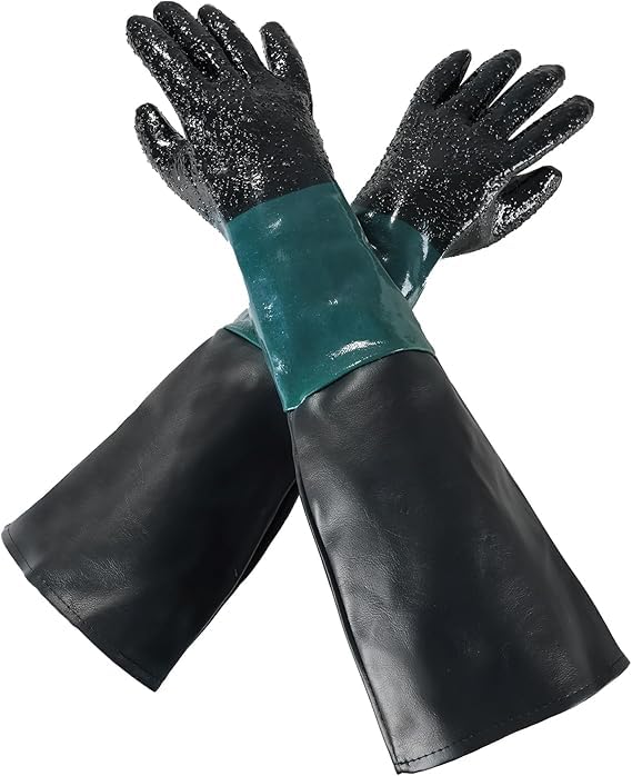 DASBET Rubber Sandblasting Gloves 23.6" Heavy Duty Sandblaster Gloves Kit with Particles Palm for Sandblaster Cabinets