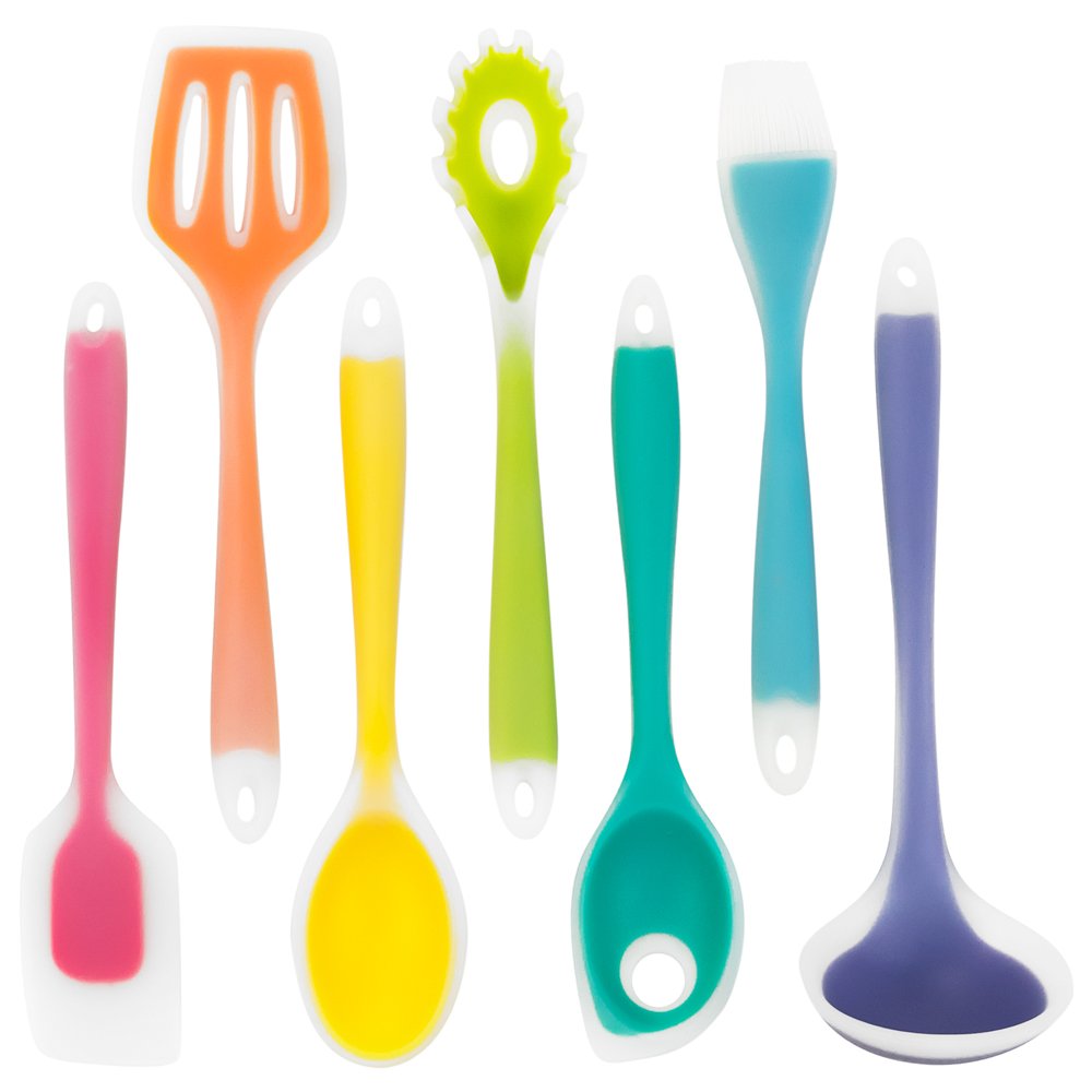 Silikon Rainbow Kitchen Utensils - 7 Piece Silicone Cooking Utensil Set with Spatulas, Spoons, Ladle, Strainer and Brush by Kÿchen