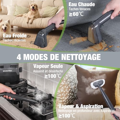 WORKPRO Shampouineuse et Nettoyeur Vapeur 4 en 1 pour Tapis et Tissus d’Ameublement avec Aspirateur Laveur 16 kPa, 4 Modes de Nettoyage, Nettoyeur Canapé Tissu, Matelas, Rideaux, Poils, Voiture