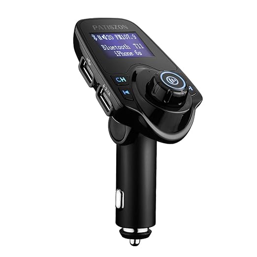 Patiszon Bluetooth Transmisor FM Adaptador Radio Manos Libres con kit de coche integrado con 2 USB cargador de 3,5 mm Ranura para tarjeta Micro SD AUX para el iPhone Samsung HTC Sony HTC, Etc