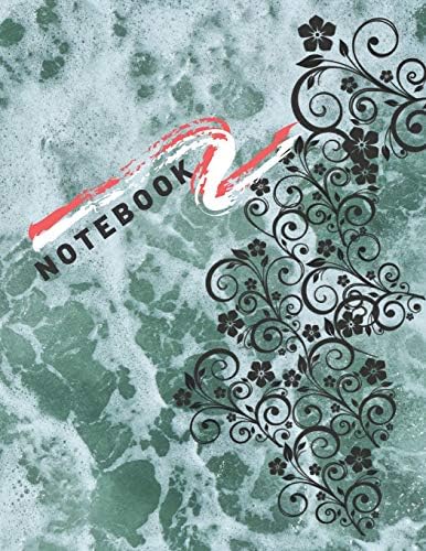 Notebook: Green Sea Foam Background With Black Floral Ornaments Lined Journal For Students Women Girls 8.5" x 11" Composition Book -dairy