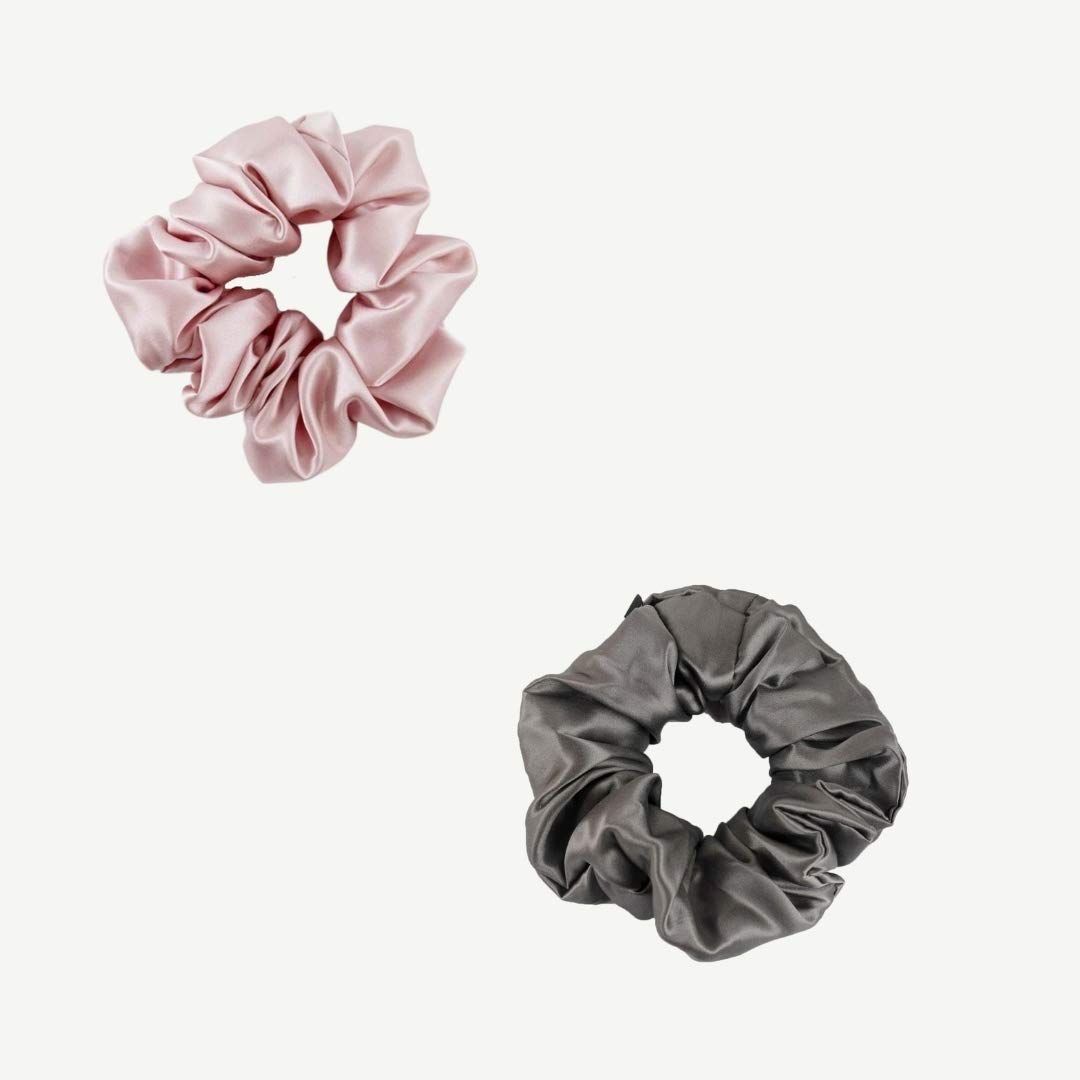 OFFTOPIC® Set of 2 Pure Silk Hair Scrunchies | Stop Broken Hair and Marks on Hair | Silk Elastic Hair Elegant Accessory | Oeko-Tex Certified | Pink & Carbon