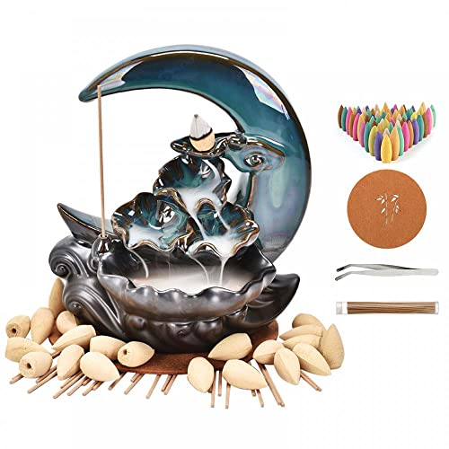 XUDREZ Moon Backflow Incense Burner, Lotus Leaf Pond Ceramic Holder Waterfall Incense Burner Cone Stick Holder for Home Decor Gift with 20pcs Cones