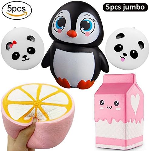 Jumbo Squishies Slow Rising Kawaii Prime 5pcs Cream scented Jumbo Lemon Penguin Milk Squishy With Phone Straps Panda Animal Buns Bread Perfect Stress Reliever/ADHD/CP toys For Kids &amp; Adults by Viezl