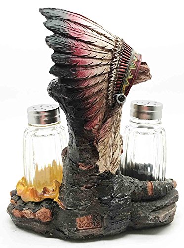 Native Indian Chief Headdress Bull Skull Salt Pepper Shakers Holder Figurine