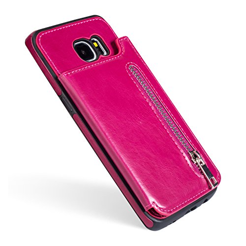 For Samsung Galaxy S7 Pocket Case, Aearl TPU Bumper Shell Back Magnetic Button Closure Vintage PU Leather Cover Zipper Wallet Purse Card Holder Slot Kickstand Case for Samsung Galaxy S7 - Rose Red - Thumbnail 7