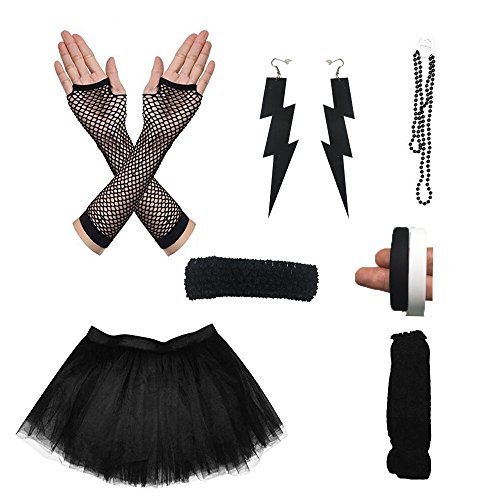 80s Outfit Costume Accessories Women Tutu Skirt Earings Stretch Headband Necklace Bracelets Fishnet Gloves Leg Warmer (Black Set)