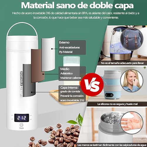 Hervidor de Agua Electrico Portatil,500ML Termo Electrico,Control de Temperatura NTC y Puede Guisar,Adecuado para viajes, oficina, camping, preparación de té y café.