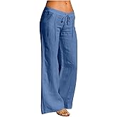 AQAYL Linen Pants Women Wide Leg Palazzo Pant Drawstring Elastic Waist Trousers Casual Boho Summer Pants Beach Vacation
