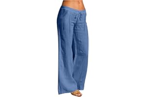Wide Leg Linen Pants for Women Drawstring Elastic Waist Low Rise Trousers Summer Beach Vacation Outfits with Pockets