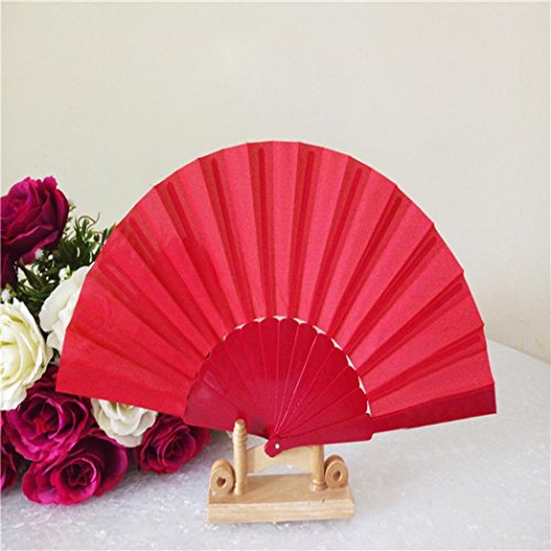 Vibola Pattern Folding Dance Fan Wedding Party Lace Silk Folding Hand Held Solid Color Fan (G--Red)